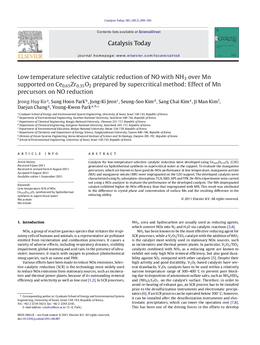 Low temperature selective catalytic reduction of NO with NH3 over Mn supported on Ce0.65Zr0.35O2 prepared by supercritical method: Effect of Mn precursors on NO reduction