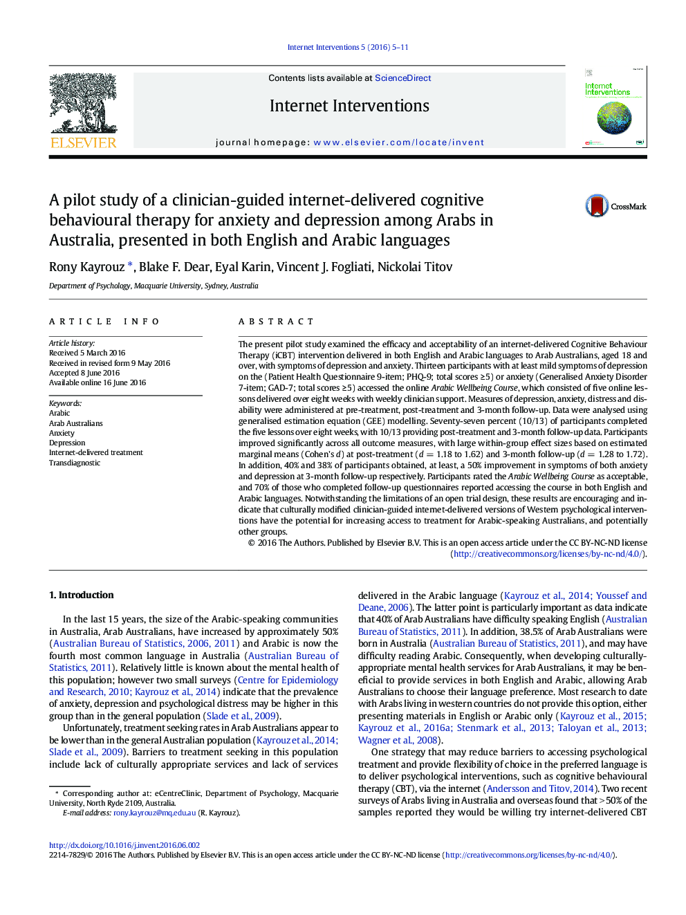 A pilot study of a clinician-guided internet-delivered cognitive behavioural therapy for anxiety and depression among Arabs in Australia, presented in both English and Arabic languages