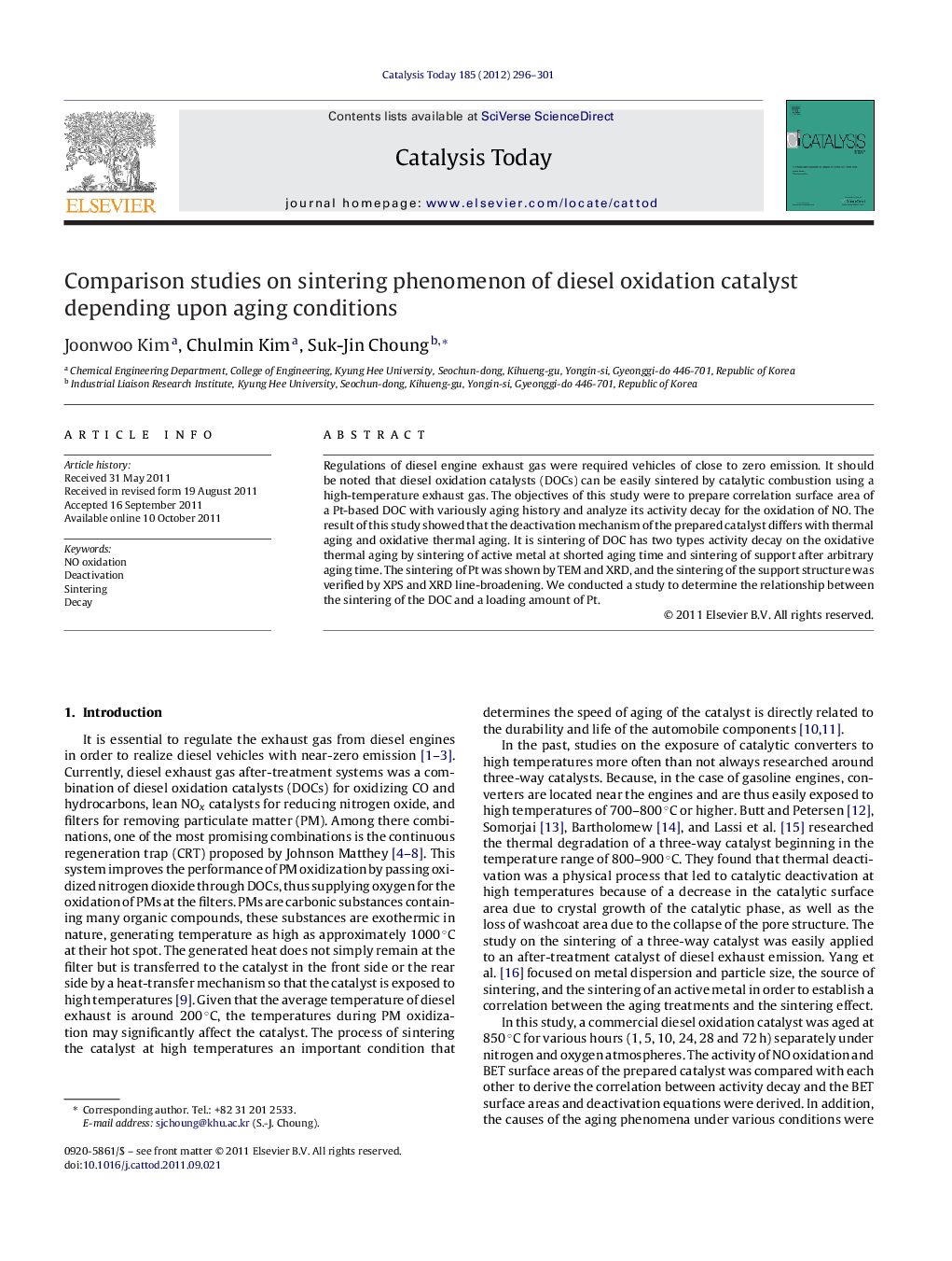 Comparison studies on sintering phenomenon of diesel oxidation catalyst depending upon aging conditions