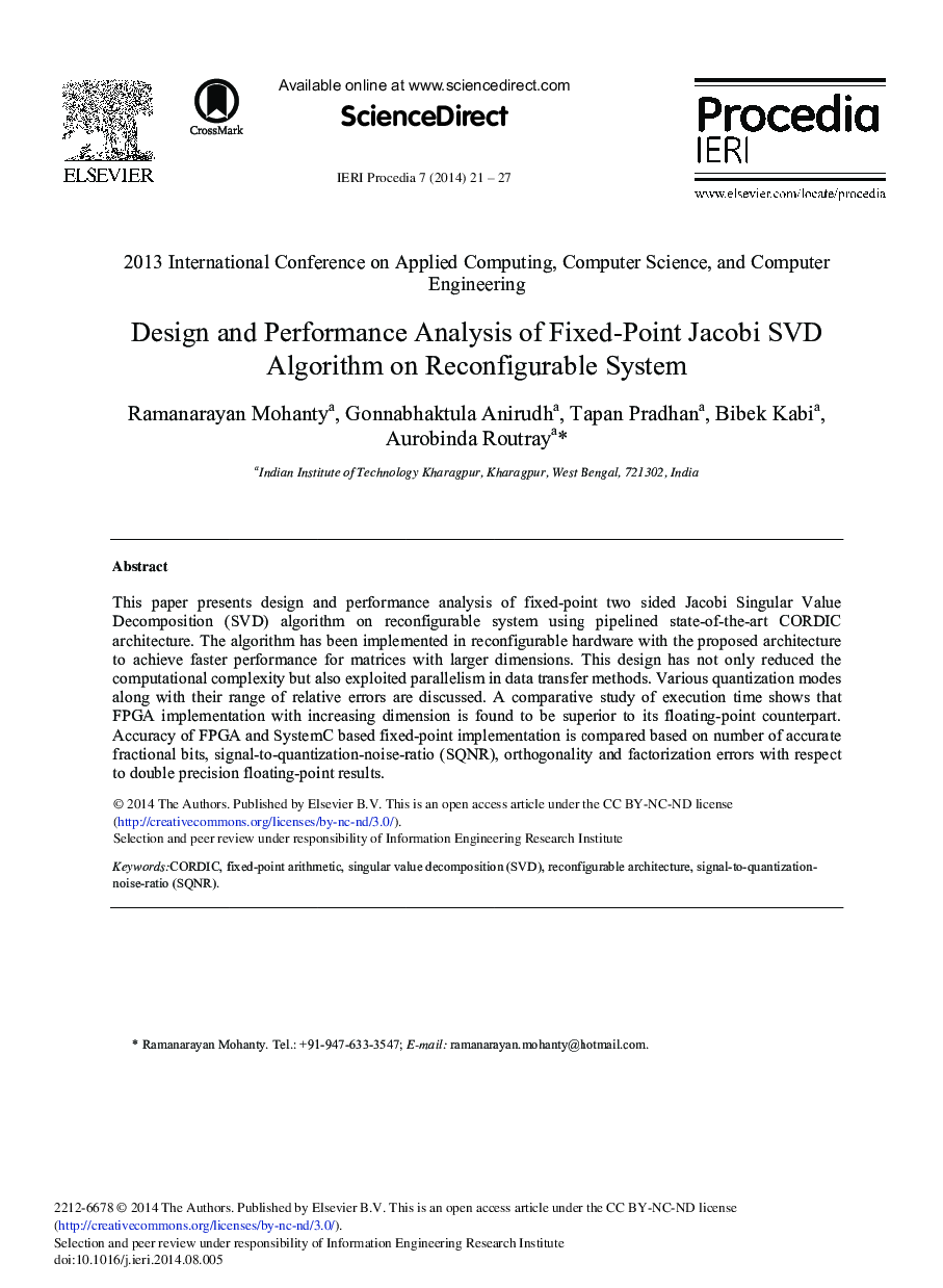 Design and Performance Analysis of Fixed-point Jacobi SVD Algorithm on Reconfigurable System 