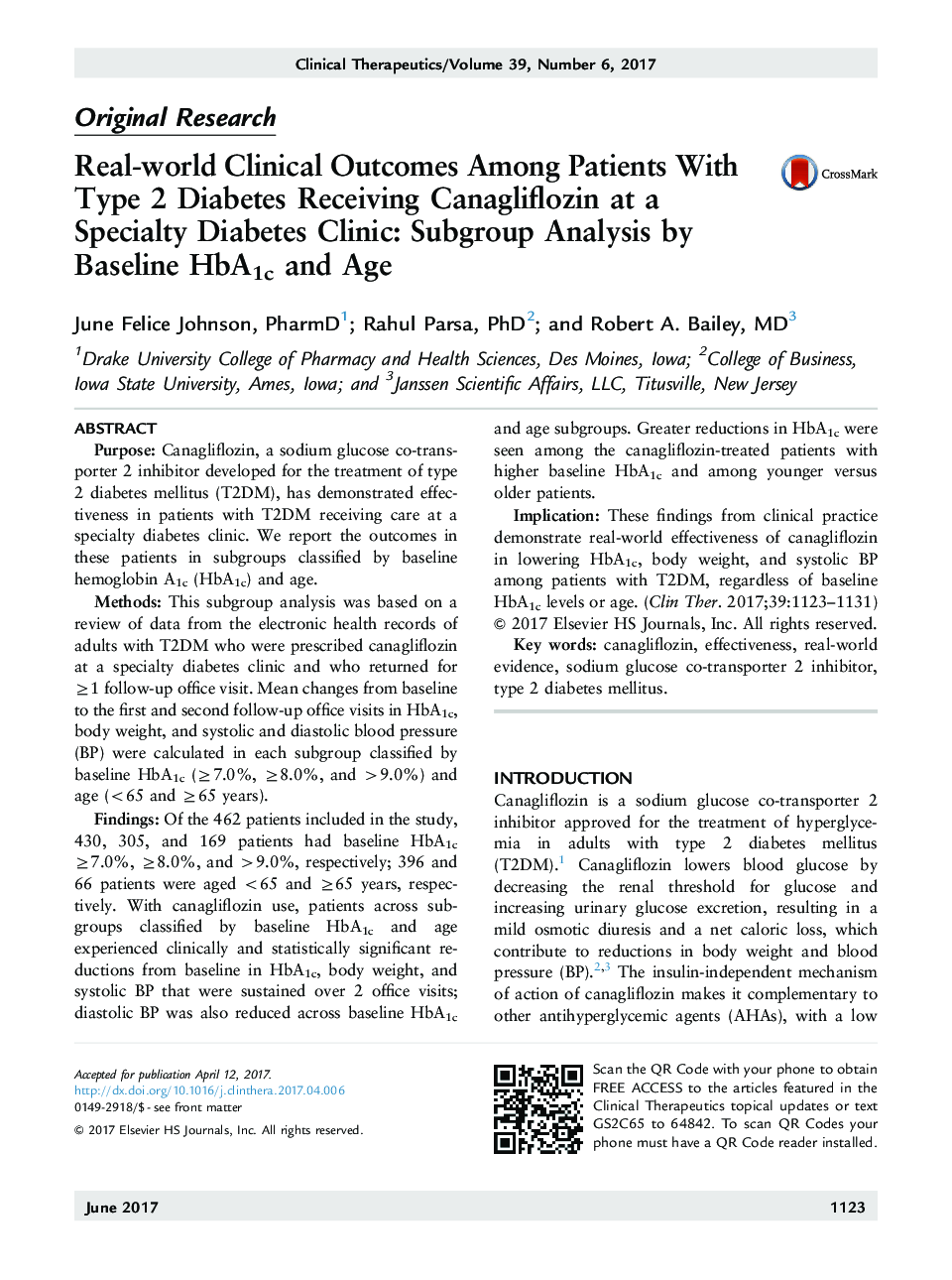 Real-world Clinical Outcomes Among Patients With Type 2 Diabetes Receiving Canagliflozin at a Specialty Diabetes Clinic: Subgroup Analysis by Baseline HbA1c and Age