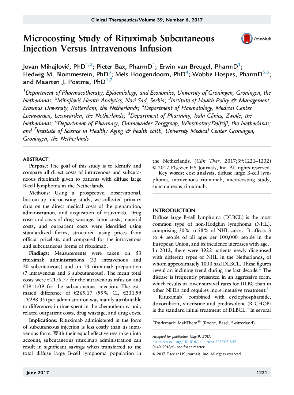 Microcosting Study of Rituximab Subcutaneous Injection Versus Intravenous Infusion