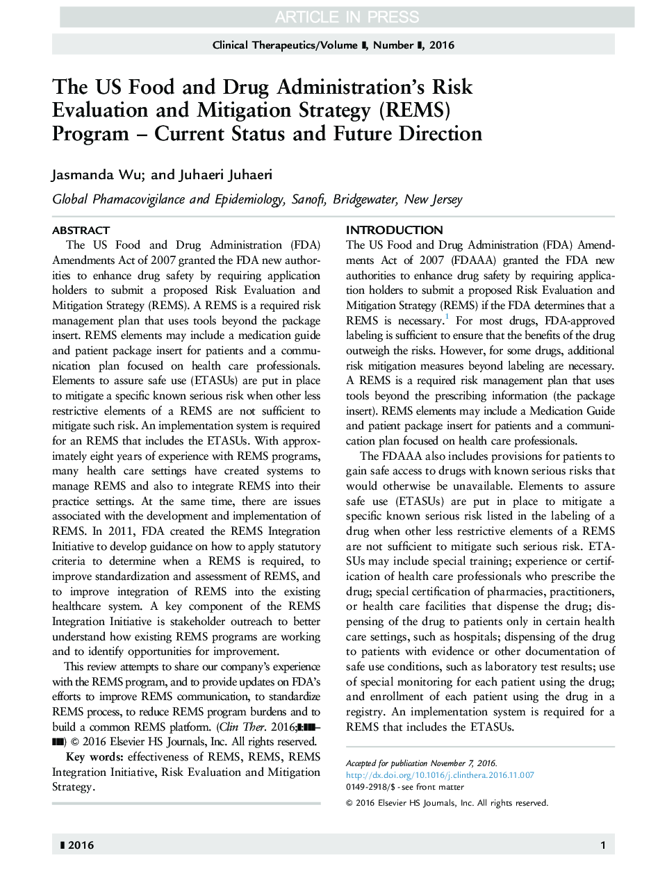 The US Food and Drug Administration's Risk Evaluation and Mitigation Strategy (REMS) Program - Current Status and Future Direction