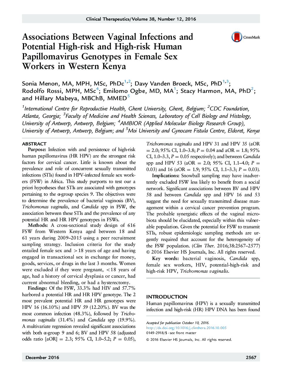 Associations Between Vaginal Infections and Potential High-risk and High-risk Human Papillomavirus Genotypes in Female Sex Workers in Western Kenya