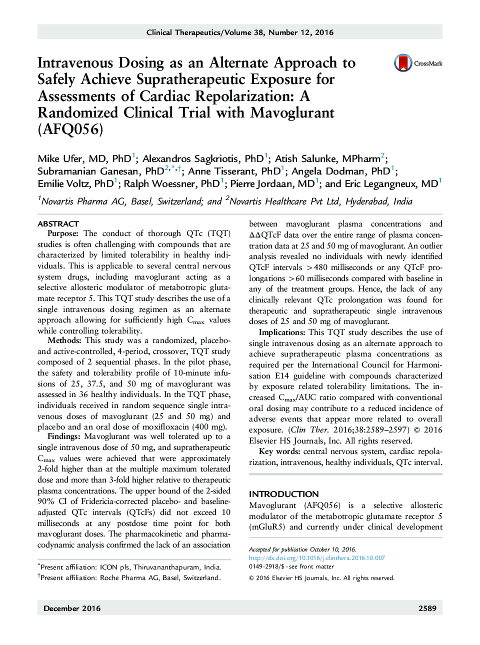 Intravenous Dosing as an Alternate Approach to Safely Achieve Supratherapeutic Exposure for Assessments of Cardiac Repolarization: A Randomized Clinical Trial with Mavoglurant (AFQ056)