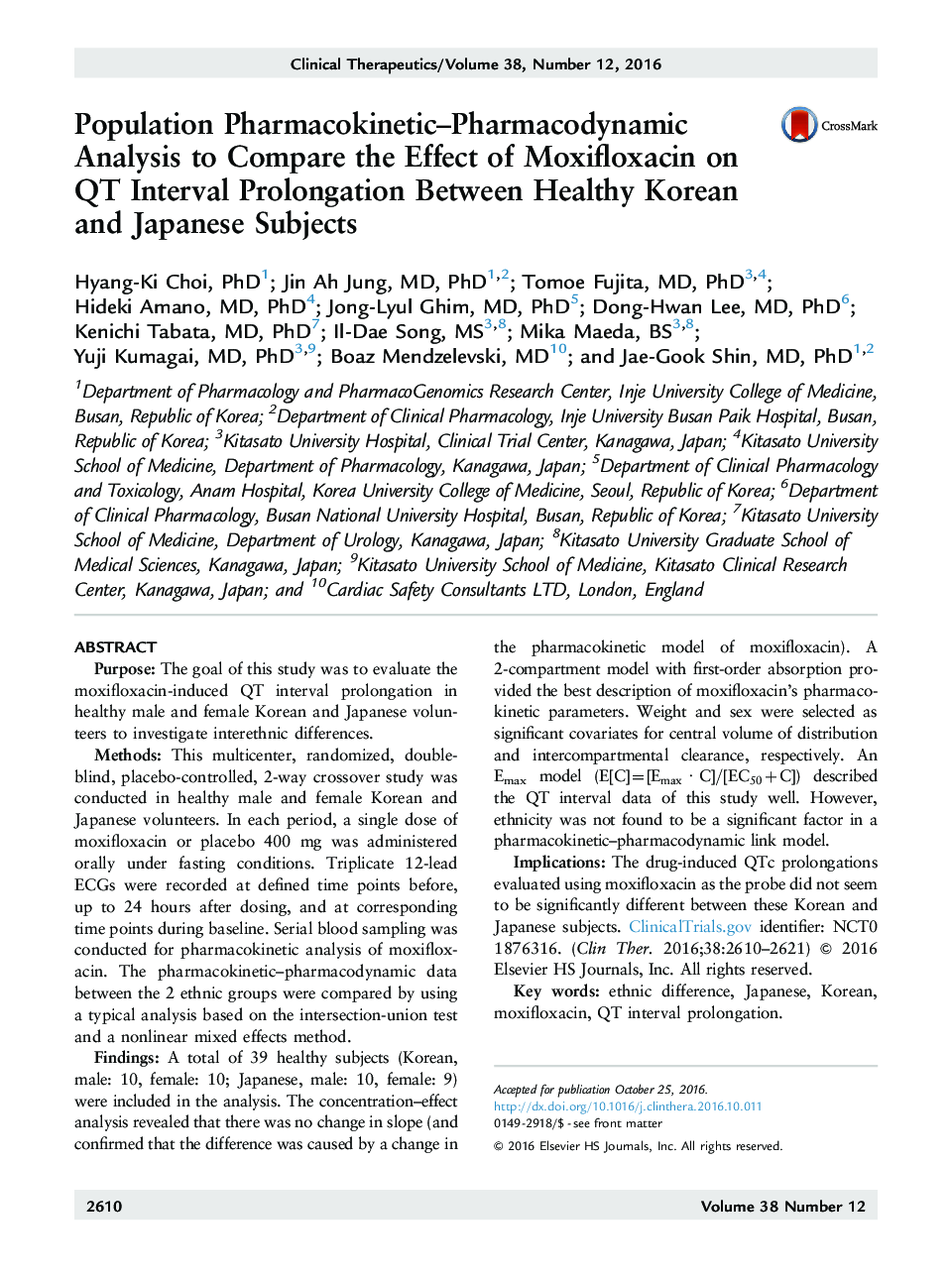 Population Pharmacokinetic-Pharmacodynamic Analysis to Compare the Effect of Moxifloxacin on QT Interval Prolongation Between Healthy Korean and Japanese Subjects