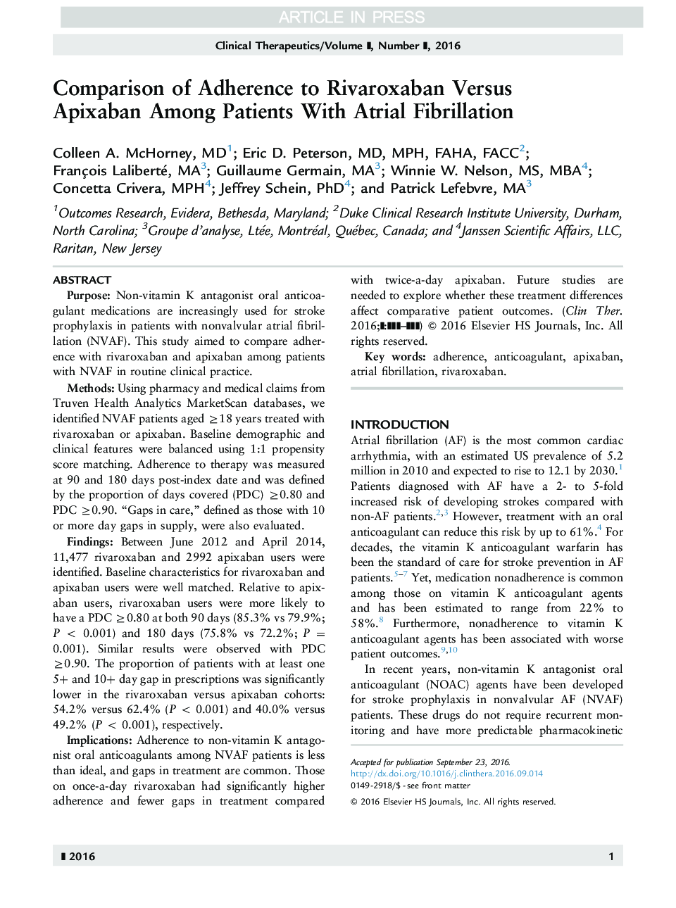 Comparison of Adherence to Rivaroxaban Versus Apixaban Among Patients With Atrial Fibrillation