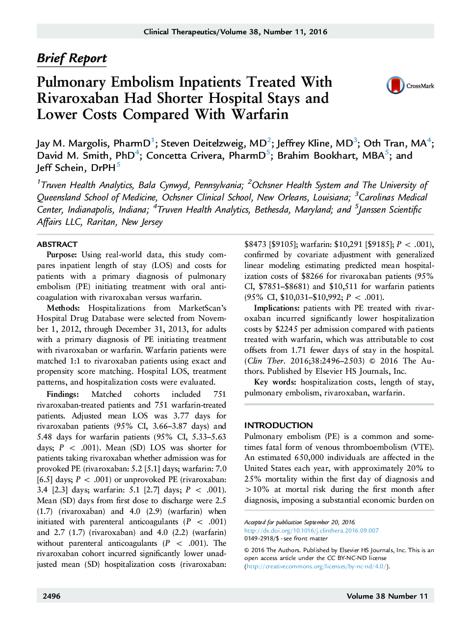 Pulmonary Embolism Inpatients Treated With Rivaroxaban Had Shorter Hospital Stays and Lower Costs Compared With Warfarin