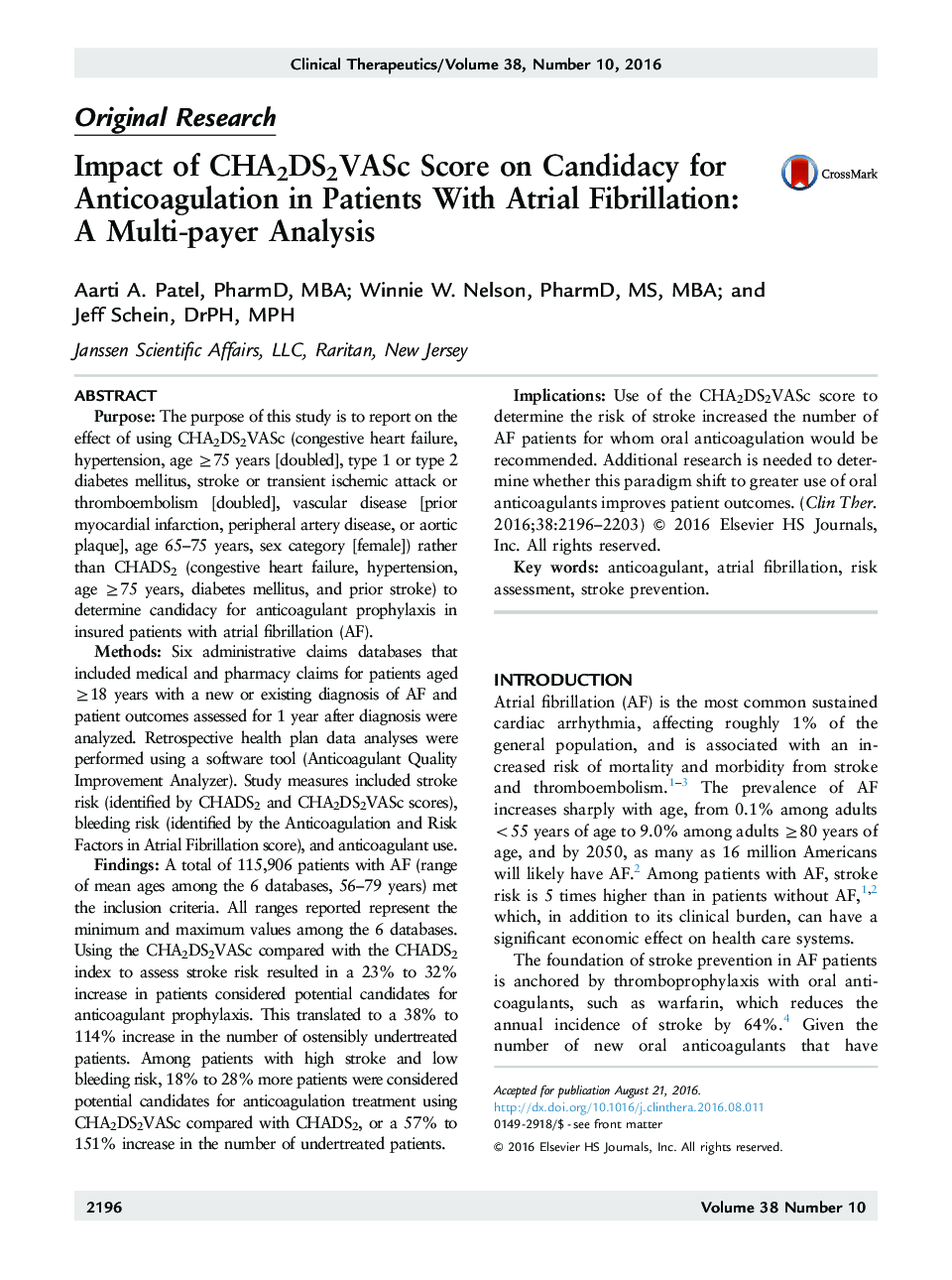 Impact of CHA2DS2VASc Score on Candidacy for Anticoagulation in Patients With Atrial Fibrillation: A Multi-payer Analysis