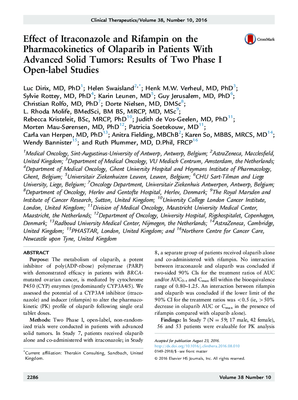 Effect of Itraconazole and Rifampin on the Pharmacokinetics of Olaparib in Patients With Advanced Solid Tumors: Results of Two Phase I Open-label Studies