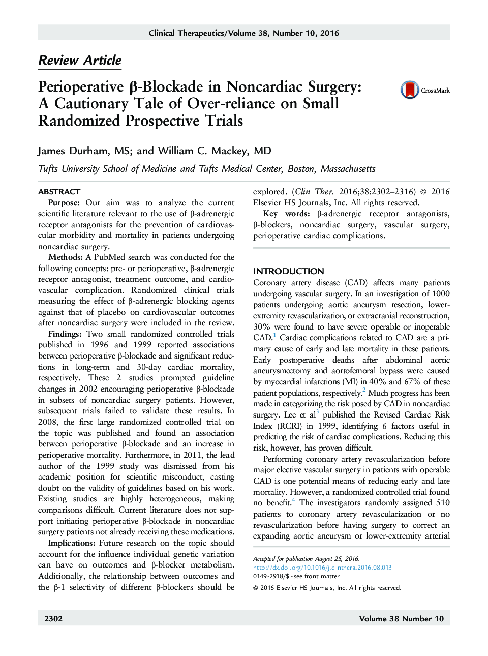 Perioperative Î²-Blockade in Noncardiac Surgery: A Cautionary Tale of Over-reliance on Small Randomized Prospective Trials