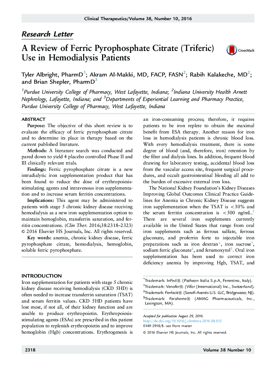 A Review of Ferric Pyrophosphate Citrate (Triferic) Use in Hemodialysis Patients