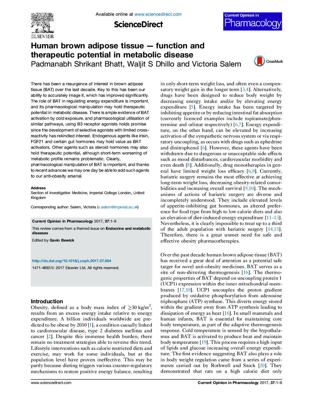 Human brown adipose tissue - function and therapeutic potential in metabolic disease