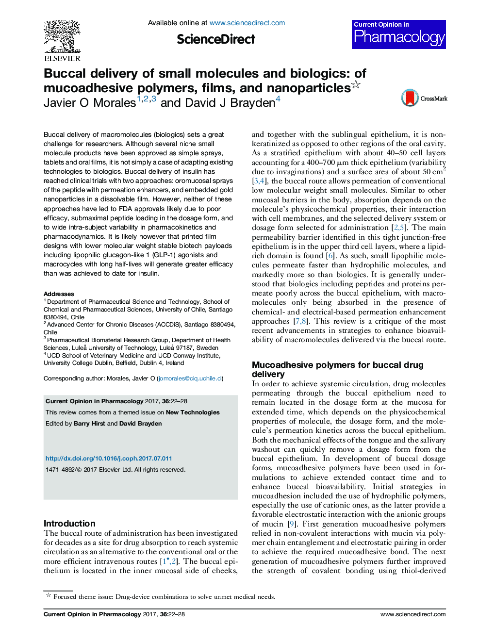 عکس صفحه اول مقاله: Buccal delivery of small molecules and biologics: of mucoadhesive polymers, films, and nanoparticles Buccal delivery of small molecules and biologics: of mucoadhesive polymers, films, and nanoparticles