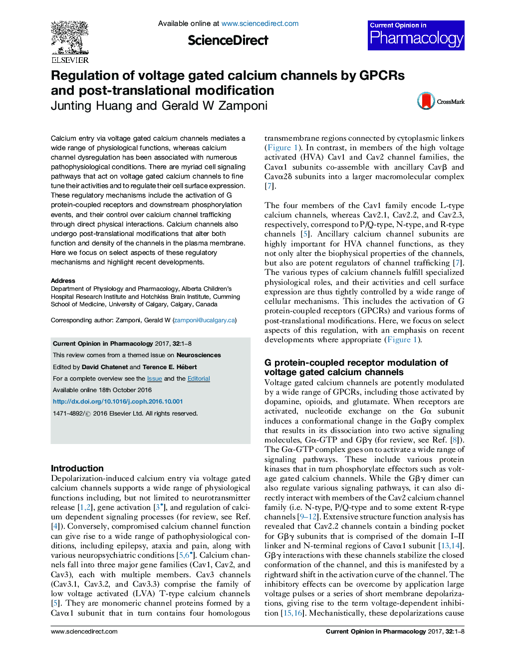 Regulation of voltage gated calcium channels by GPCRs and post-translational modification