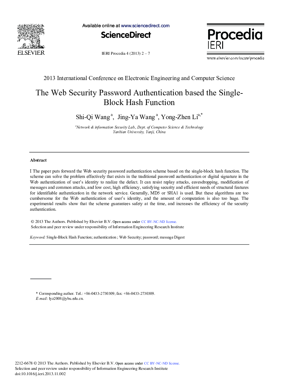 عکس صفحه اول مقاله: The Web Security Password Authentication based the Single-block Hash Function The Web Security Password Authentication based the Single-block Hash Function