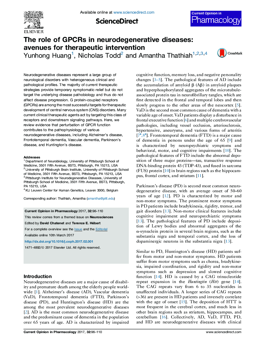 The role of GPCRs in neurodegenerative diseases: avenues for therapeutic intervention