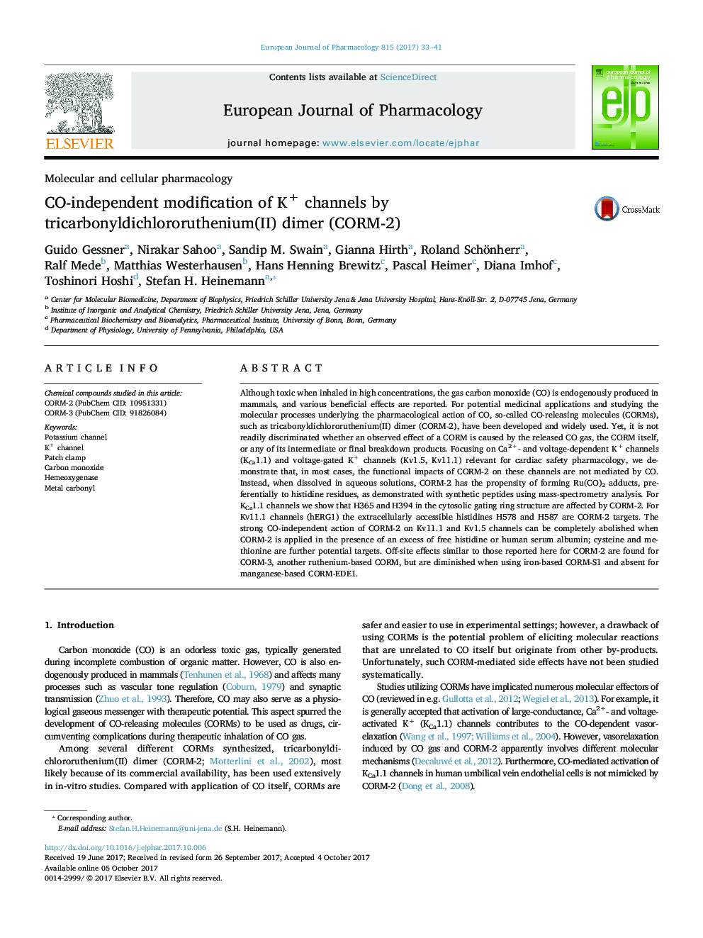 CO-independent modification of K+ channels by tricarbonyldichlororuthenium(II) dimer (CORM-2)