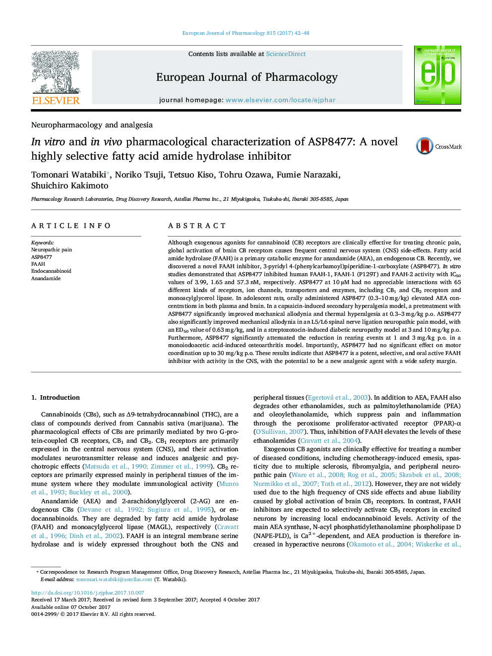 In vitro and in vivo pharmacological characterization of ASP8477: A novel highly selective fatty acid amide hydrolase inhibitor