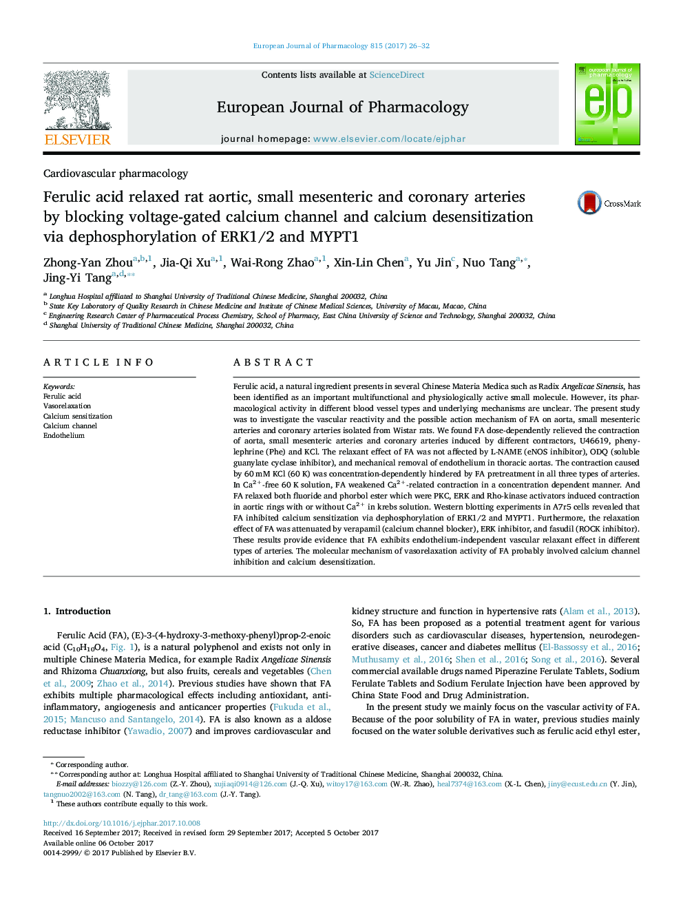 Ferulic acid relaxed rat aortic, small mesenteric and coronary arteries by blocking voltage-gated calcium channel and calcium desensitization via dephosphorylation of ERK1/2 and MYPT1