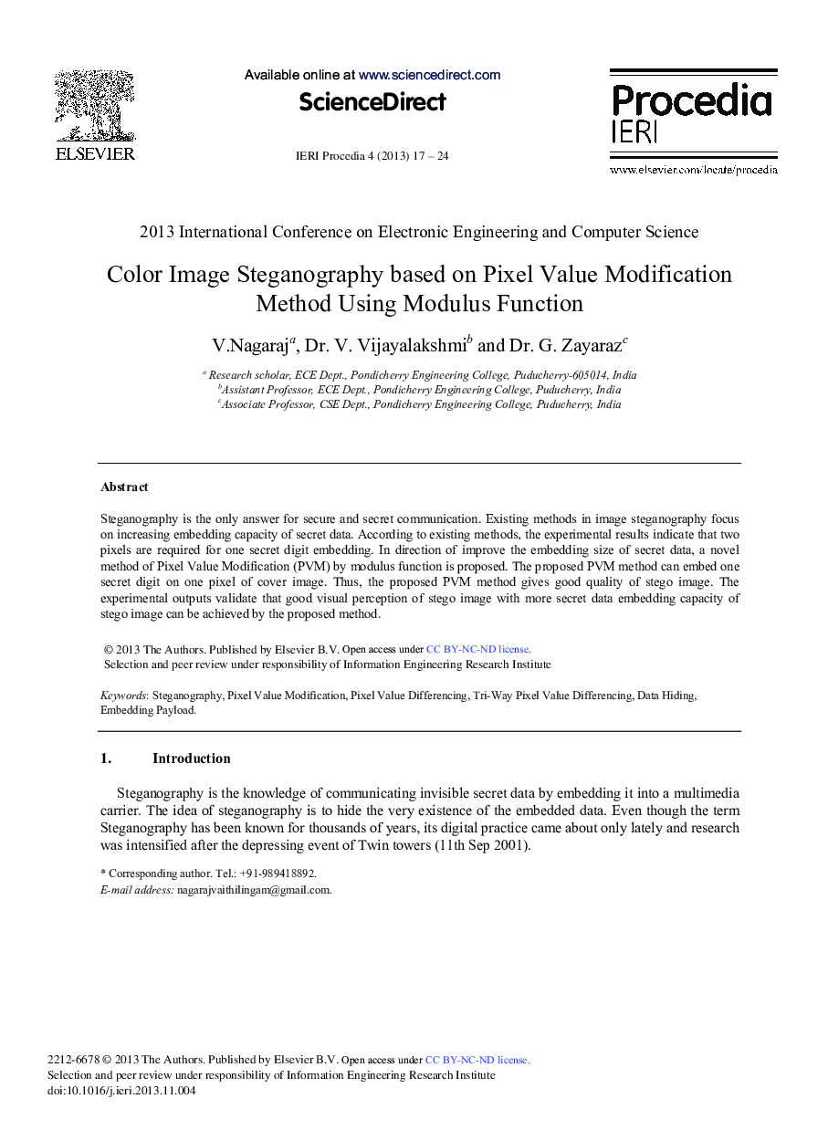 عکس صفحه اول مقاله: Color Image Steganography based on Pixel Value Modification Method Using Modulus Function Color Image Steganography based on Pixel Value Modification Method Using Modulus Function