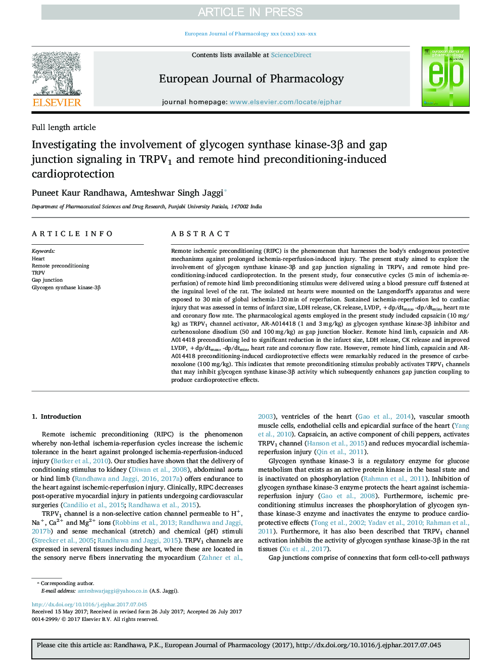 Investigating the involvement of glycogen synthase kinase-3Î² and gap junction signaling in TRPV1 and remote hind preconditioning-induced cardioprotection