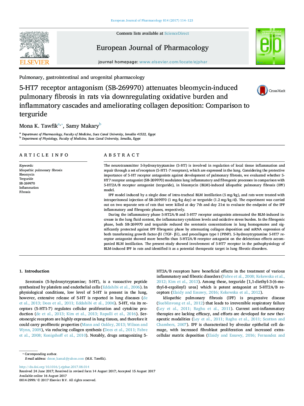 5-HT7 receptor antagonism (SB-269970) attenuates bleomycin-induced pulmonary fibrosis in rats via downregulating oxidative burden and inflammatory cascades and ameliorating collagen deposition: Comparison to terguride