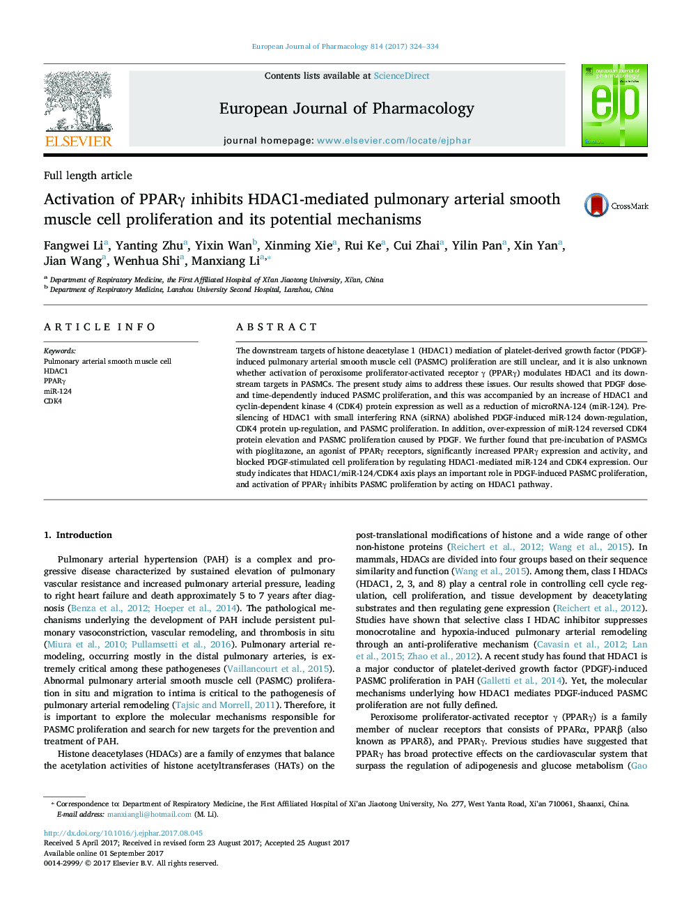 Activation of PPARÎ³ inhibits HDAC1-mediated pulmonary arterial smooth muscle cell proliferation and its potential mechanisms