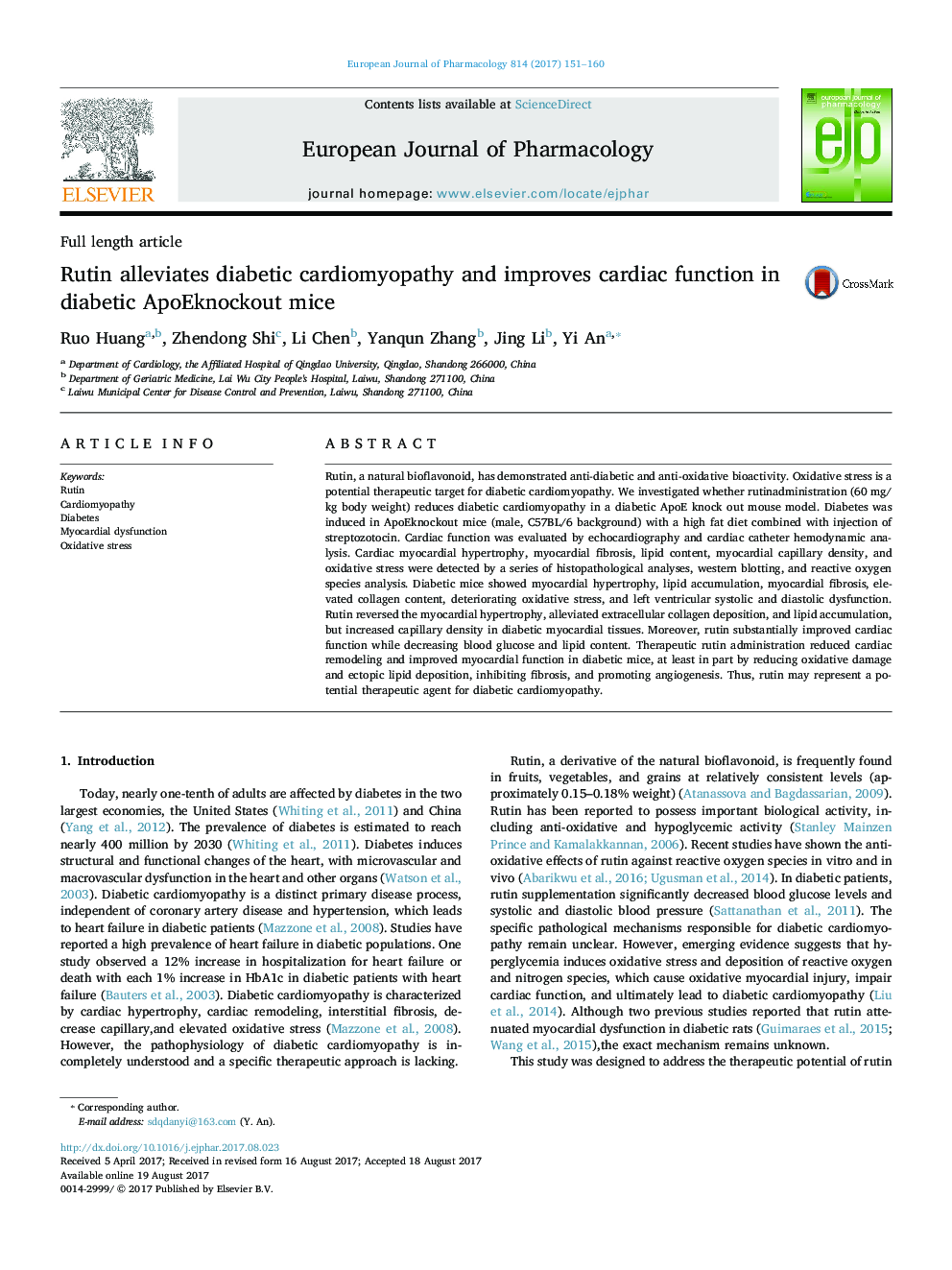 Rutin alleviates diabetic cardiomyopathy and improves cardiac function in diabetic ApoEknockout mice