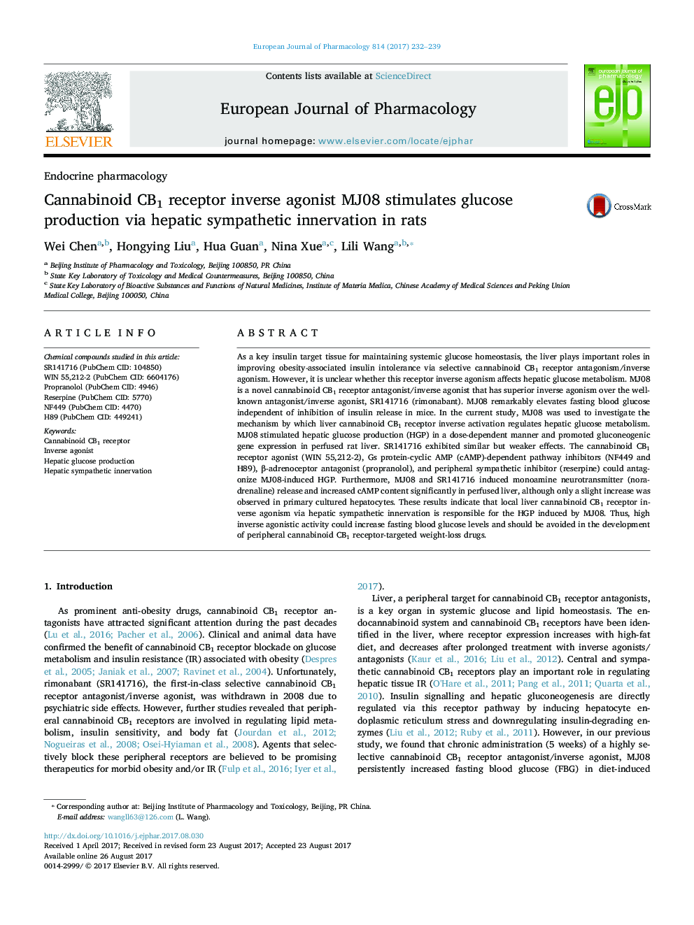 Cannabinoid CB1 receptor inverse agonist MJ08 stimulates glucose production via hepatic sympathetic innervation in rats