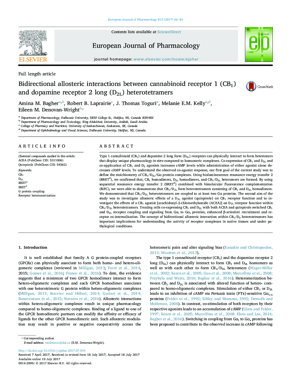 Bidirectional allosteric interactions between cannabinoid receptor 1 (CB1) and dopamine receptor 2 long (D2L) heterotetramers