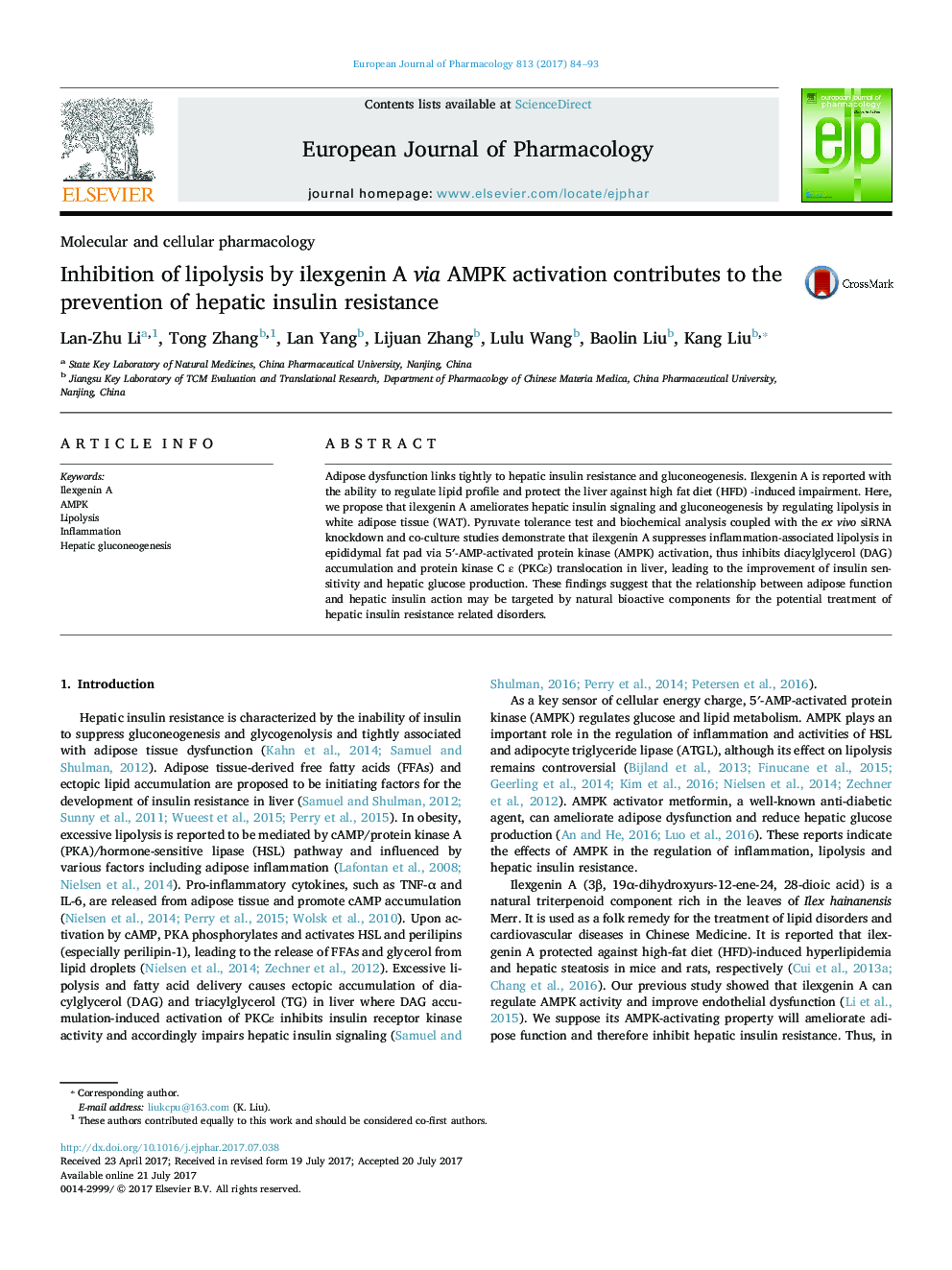 Inhibition of lipolysis by ilexgenin A via AMPK activation contributes to the prevention of hepatic insulin resistance