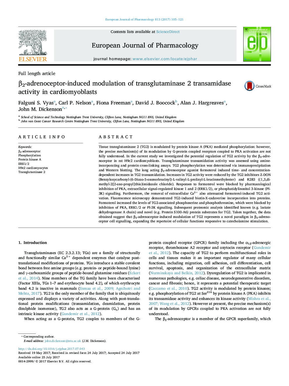 Î²2-adrenoceptor-induced modulation of transglutaminase 2 transamidase activity in cardiomyoblasts