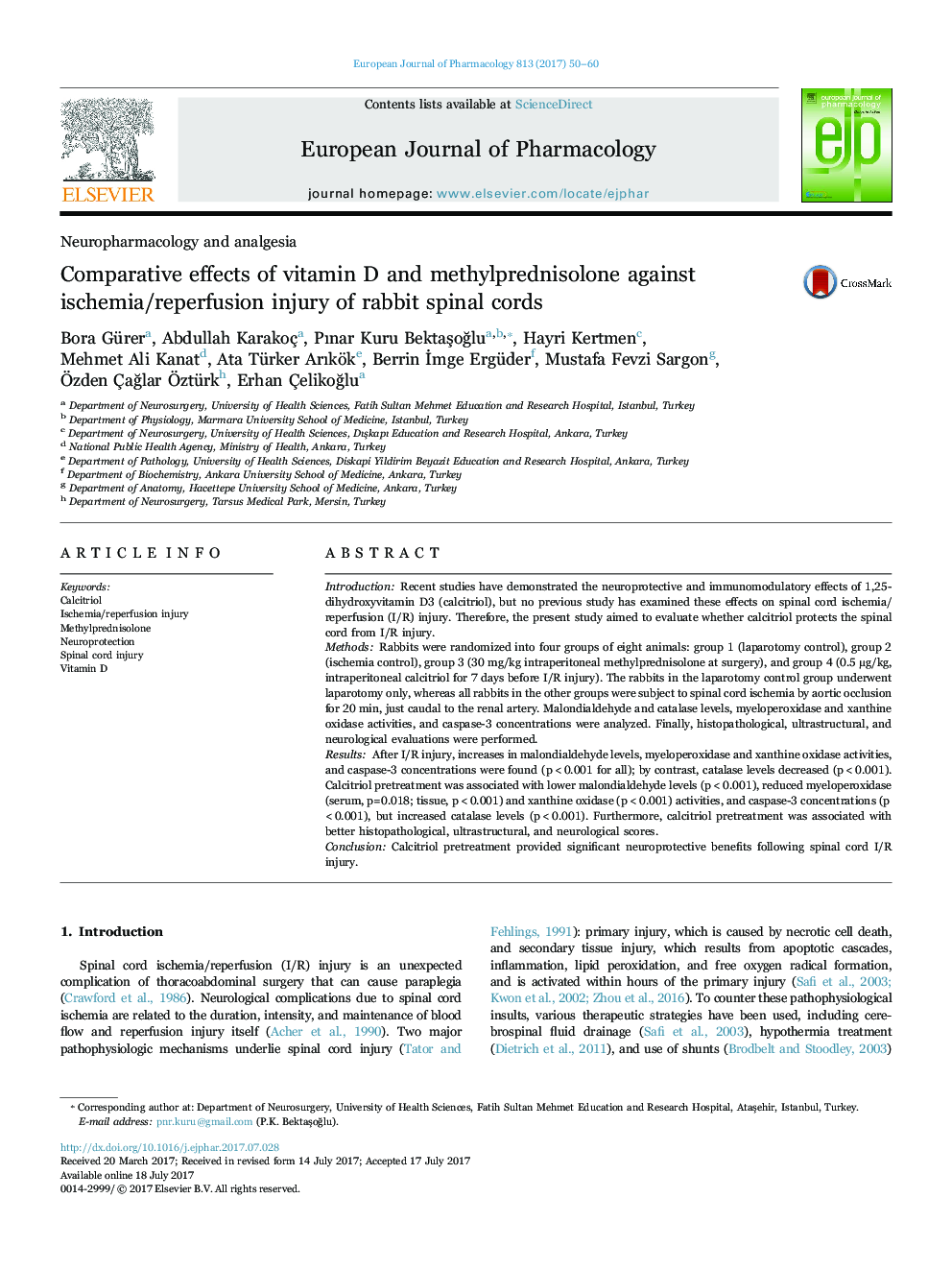 Comparative effects of vitamin D and methylprednisolone against ischemia/reperfusion injury of rabbit spinal cords