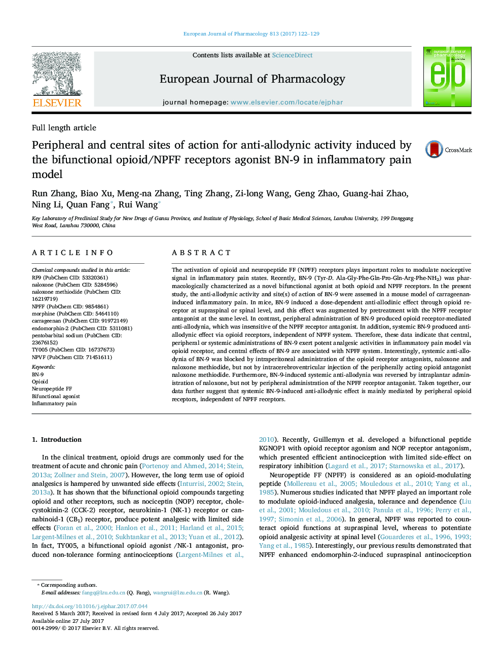 Peripheral and central sites of action for anti-allodynic activity induced by the bifunctional opioid/NPFF receptors agonist BN-9 in inflammatory pain model