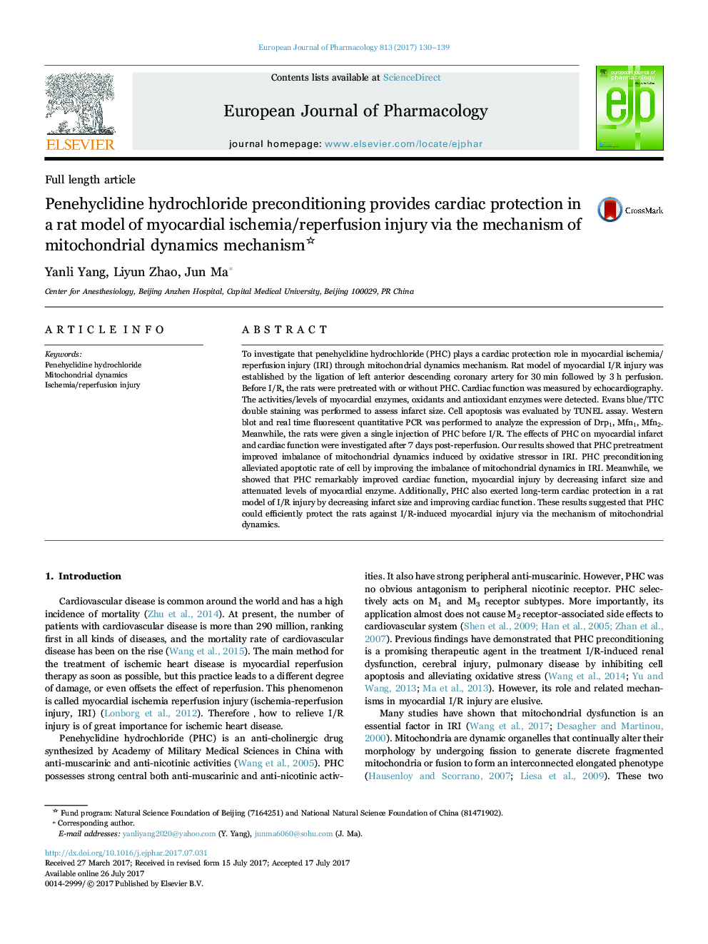 Penehyclidine hydrochloride preconditioning provides cardiac protection in a rat model of myocardial ischemia/reperfusion injury via the mechanism of mitochondrial dynamics mechanism