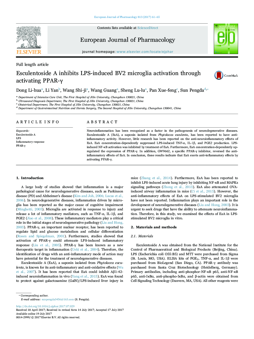 Esculentoside A inhibits LPS-induced BV2 microglia activation through activating PPAR-Î³