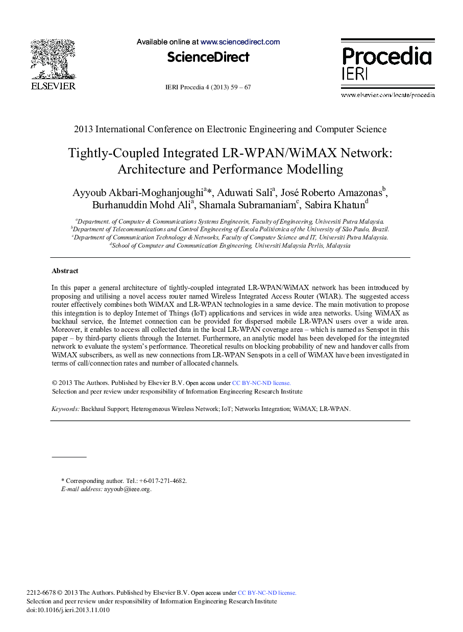 Tightly-Coupled Integrated LR-WPAN/WiMAX Network: Architecture and Performance Modelling 