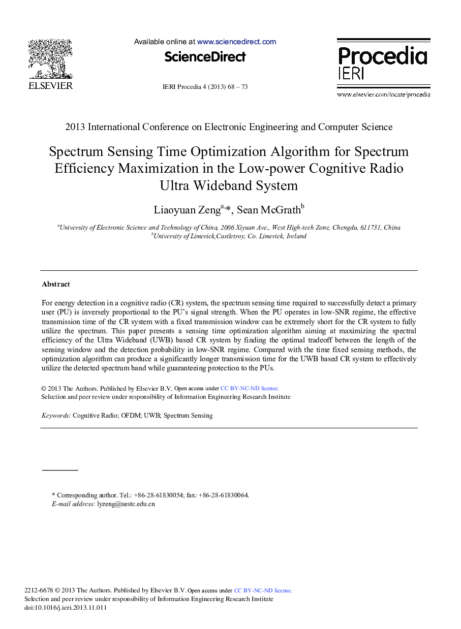 عکس صفحه اول مقاله: Spectrum Sensing Time Optimization Algorithm for Spectrum Efficiency Maximization in the Low-power Cognitive Radio Ultra Wideband System Spectrum Sensing Time Optimization Algorithm for Spectrum Efficiency Maximization in the Low-power Cognitive Radio Ultra Wideband System