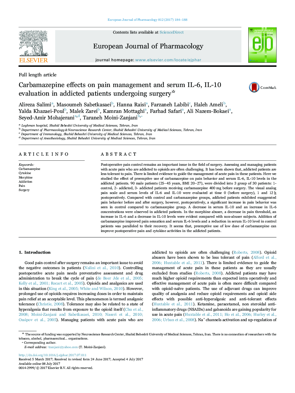 Carbamazepine effects on pain management and serum IL-6, IL-10 evaluation in addicted patients undergoing surgery