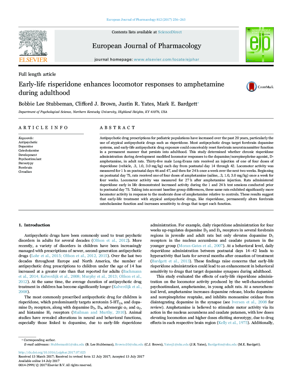 Early-life risperidone enhances locomotor responses to amphetamine during adulthood