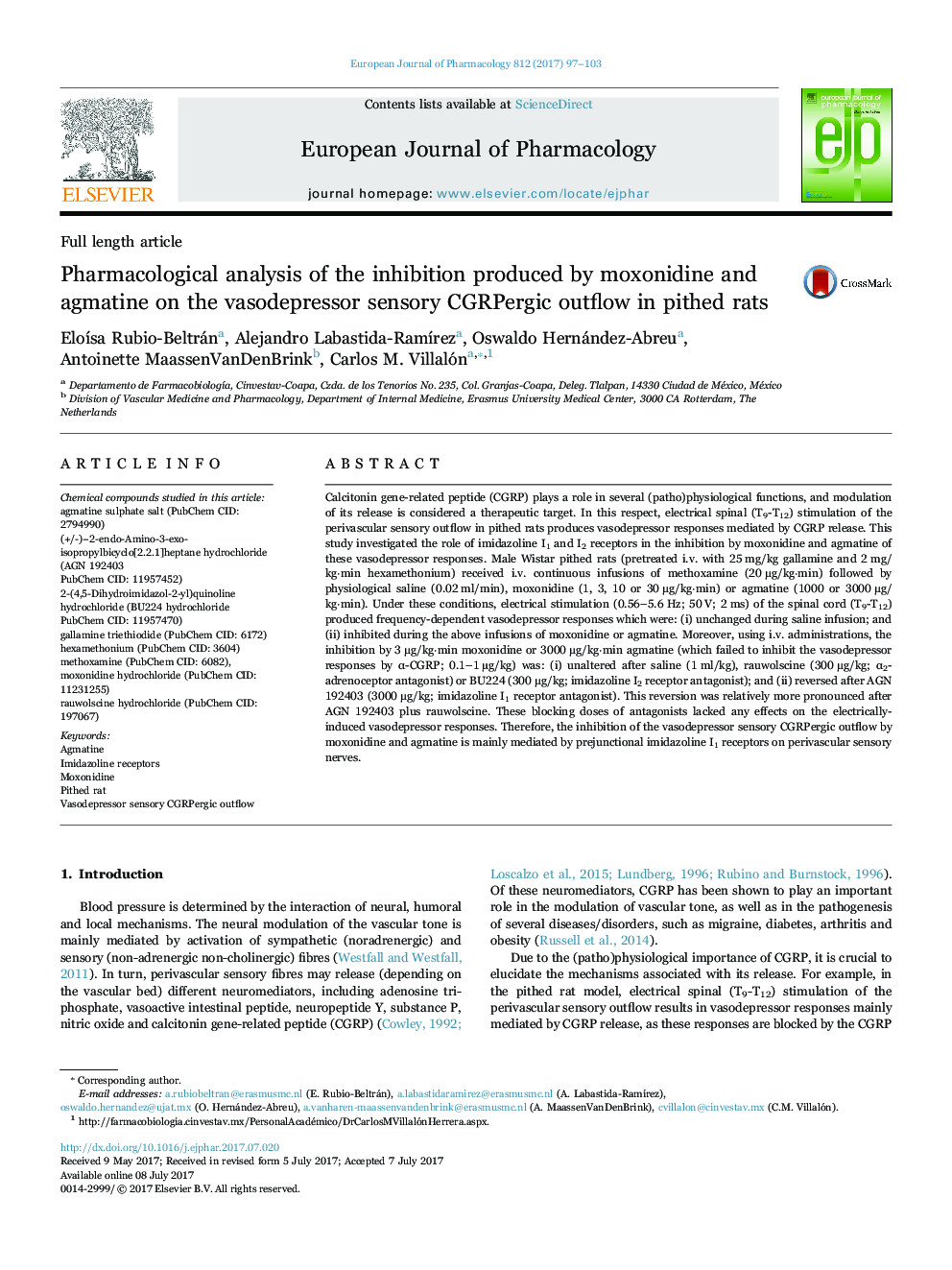 Pharmacological analysis of the inhibition produced by moxonidine and agmatine on the vasodepressor sensory CGRPergic outflow in pithed rats