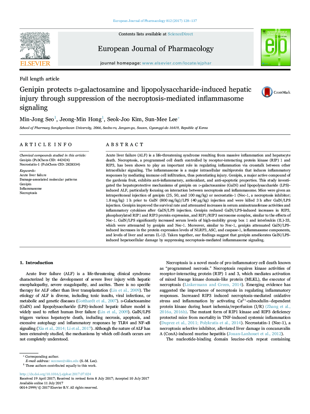 Genipin protects d-galactosamine and lipopolysaccharide-induced hepatic injury through suppression of the necroptosis-mediated inflammasome signaling