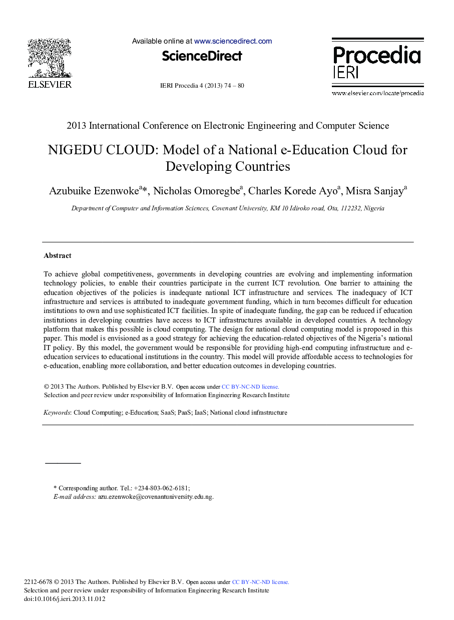 NIGEDU CLOUD: Model of a National e-Education Cloud for Developing Countries 
