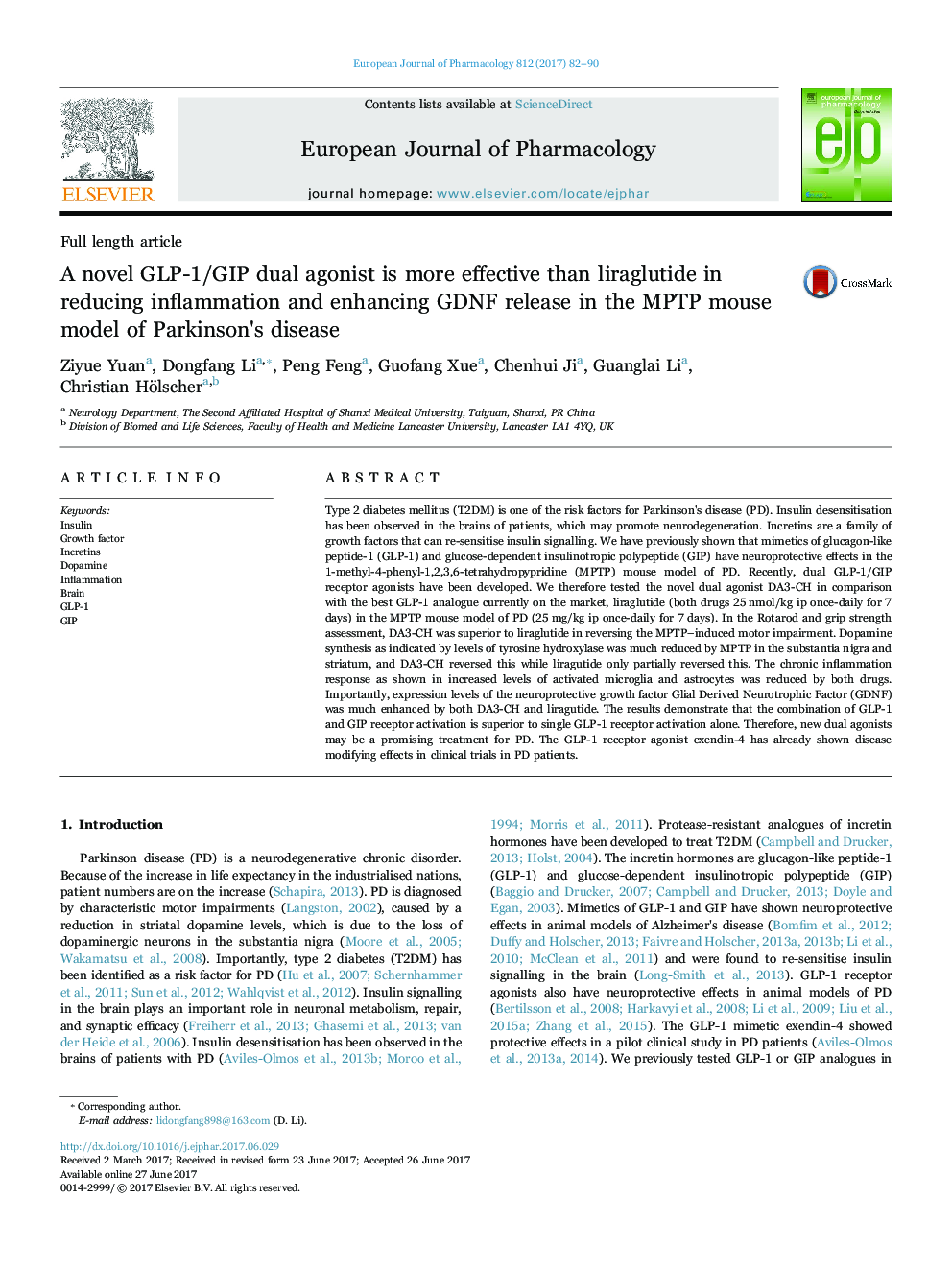 A novel GLP-1/GIP dual agonist is more effective than liraglutide in reducing inflammation and enhancing GDNF release in the MPTP mouse model of Parkinson's disease