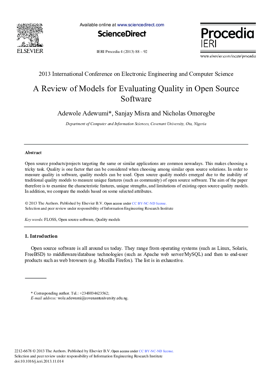 عکس صفحه اول مقاله: A Review of Models for Evaluating Quality in Open Source Software A Review of Models for Evaluating Quality in Open Source Software