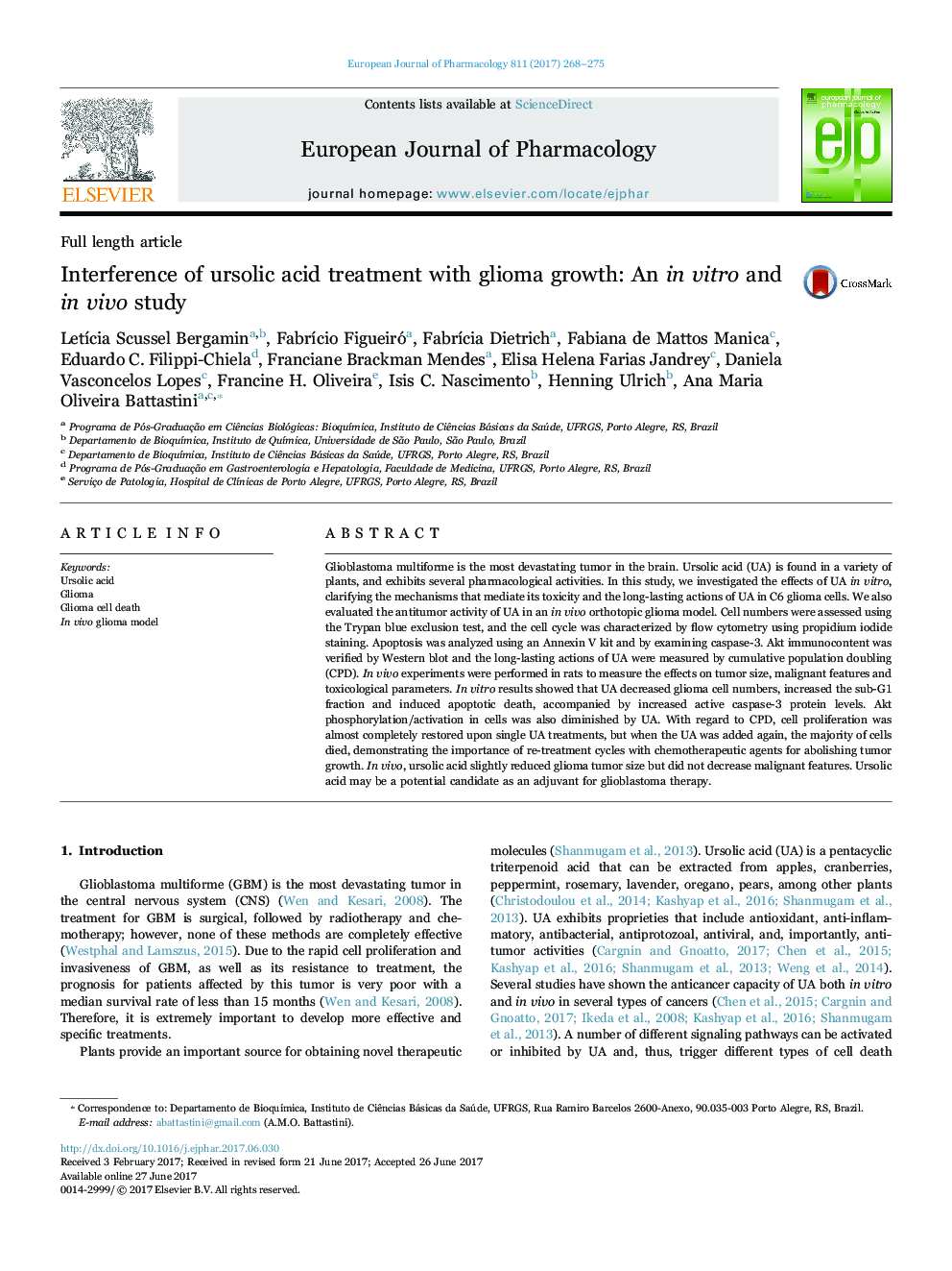 Interference of ursolic acid treatment with glioma growth: An in vitro and in vivo study