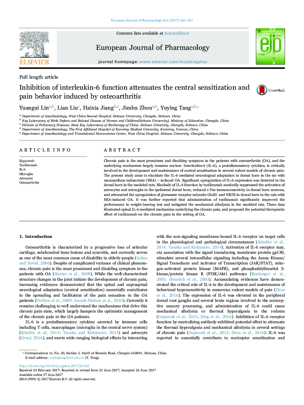 Inhibition of interleukin-6 function attenuates the central sensitization and pain behavior induced by osteoarthritis