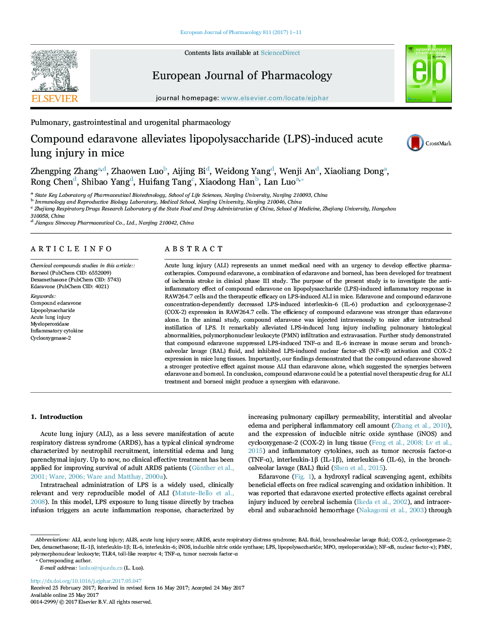 Compound edaravone alleviates lipopolysaccharide (LPS)-induced acute lung injury in mice