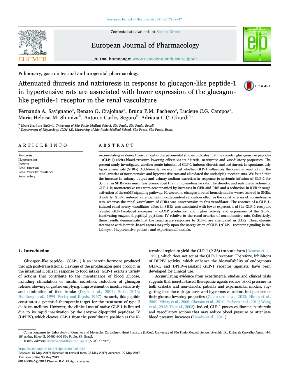 Attenuated diuresis and natriuresis in response to glucagon-like peptide-1 in hypertensive rats are associated with lower expression of the glucagon-like peptide-1 receptor in the renal vasculature